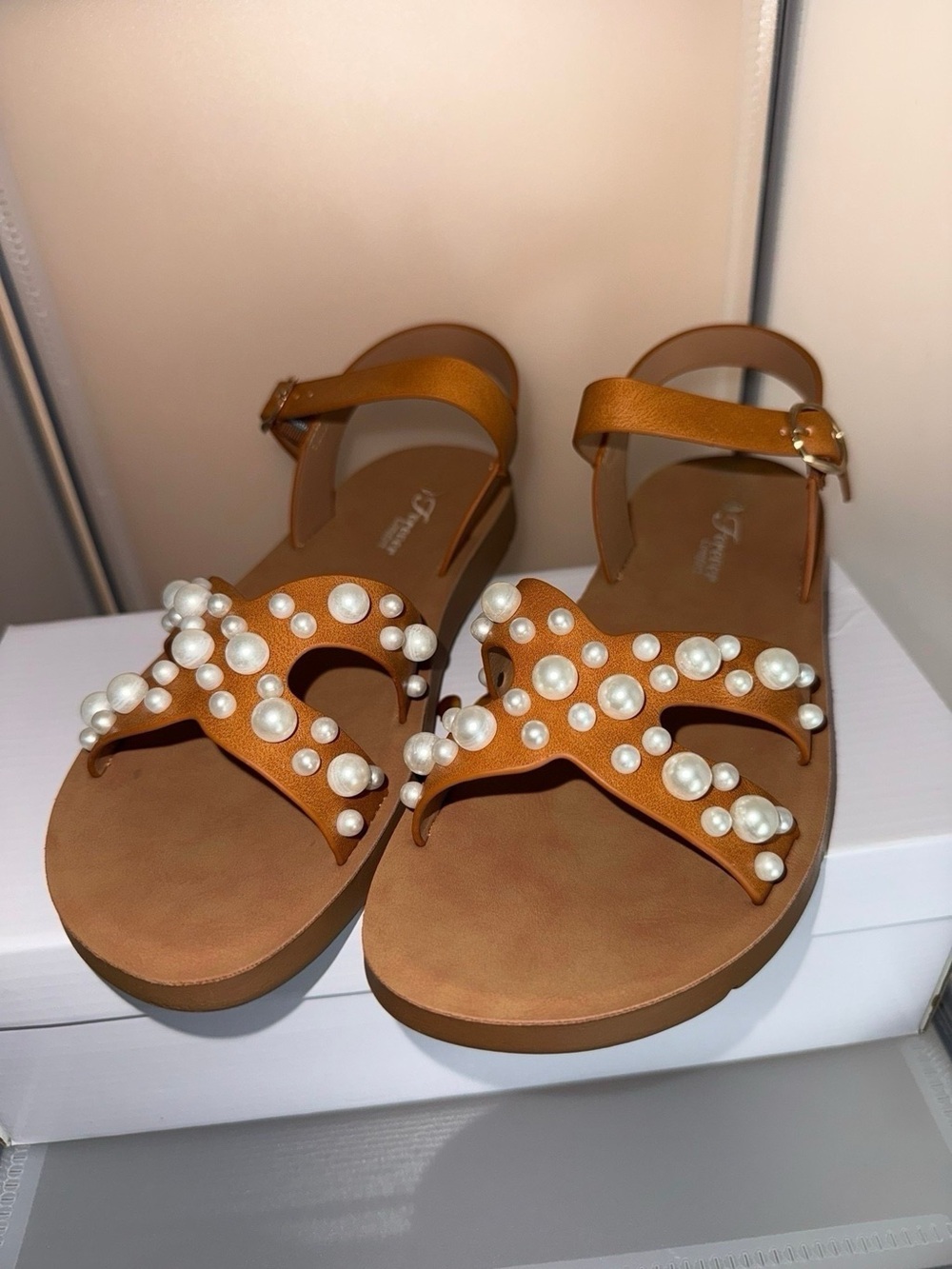 Forever Women's Tan Pearl-Embellished Ankle-Strap Flat Sandals Size 9 New